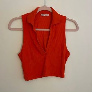 ZARA orange v neck cropped tank with collar size S